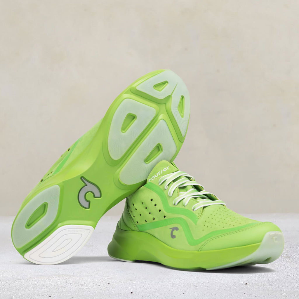 Bottom and side view of Courser Uno Men's Acid Green Mono Italian-Made Luxury Sneaker