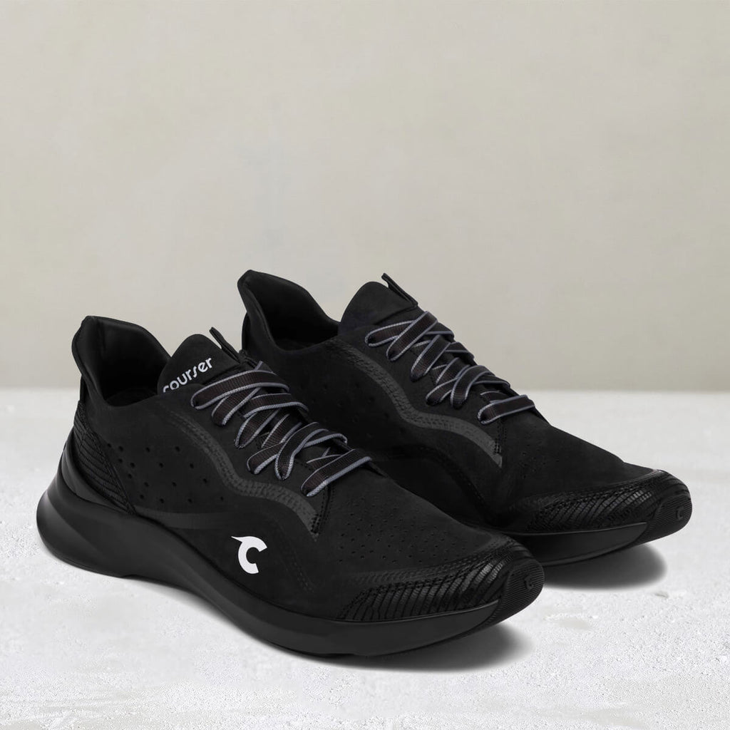Three-quarter view of Courser Uno Men's Black Mono Italian-Made Luxury Sneakers