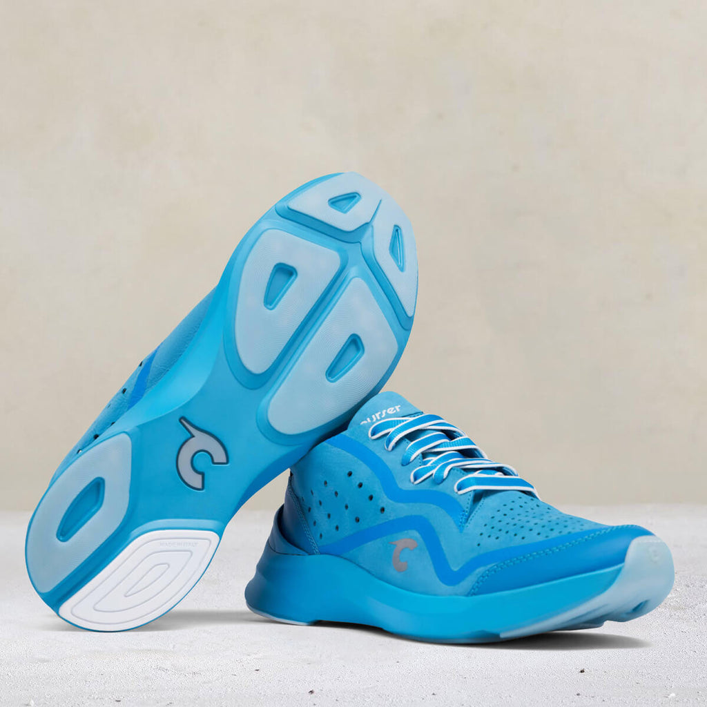 Bottom and side view of Courser Uno Men's Cyan Mono Italian-Made Luxury Sneakers