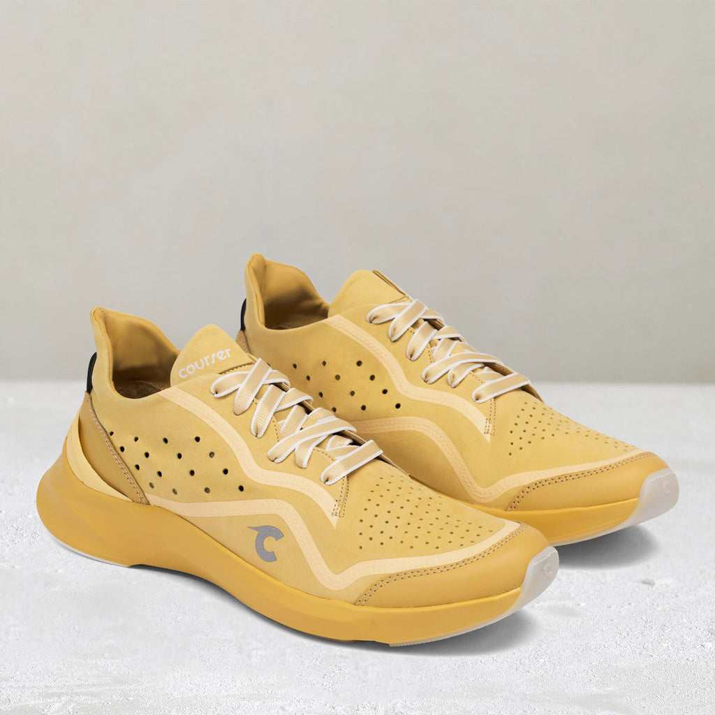 Three-quarter view of Courser Uno Men's Golden Haze Mono Italian-Made Luxury Sneakers