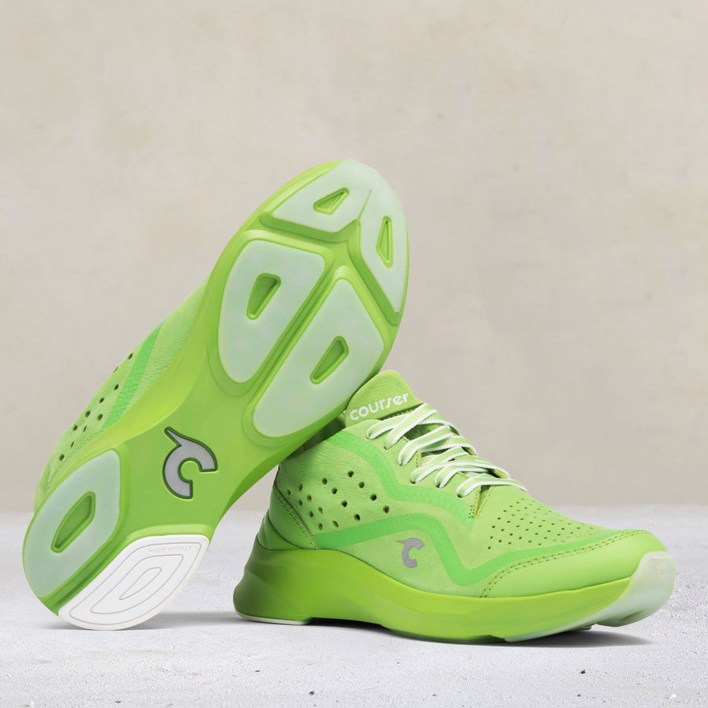 Bottom and side view of Courser Uno Women's Acid Green Italian-Made Luxury Sneakers