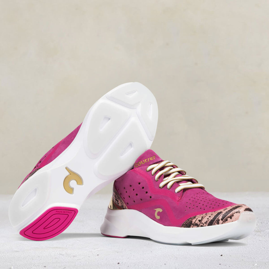 Bottom and side view of Courser Uno Women's Pink Luxe Italian-Made Luxury Sneakers