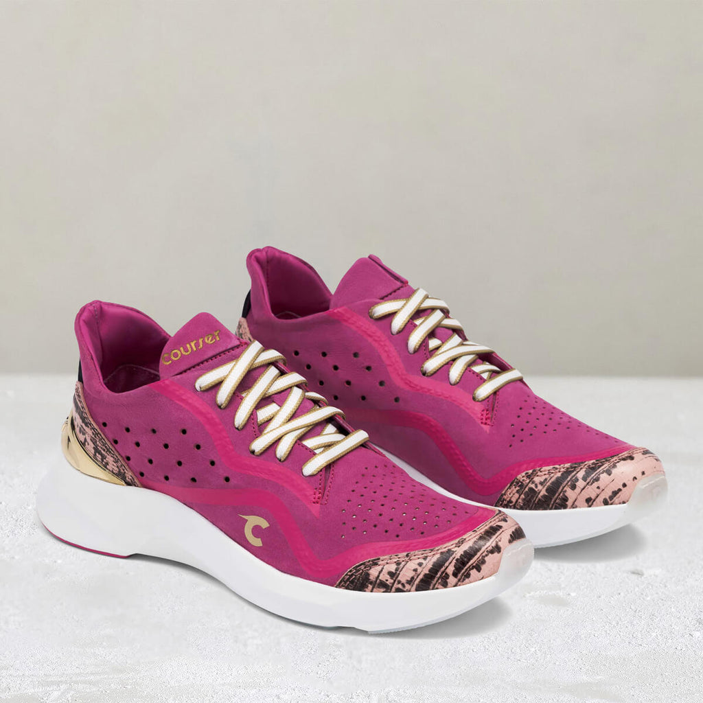 Three-quarter view of Courser Uno Women's Pink Luxe Italian-Made Luxury Sneakers
