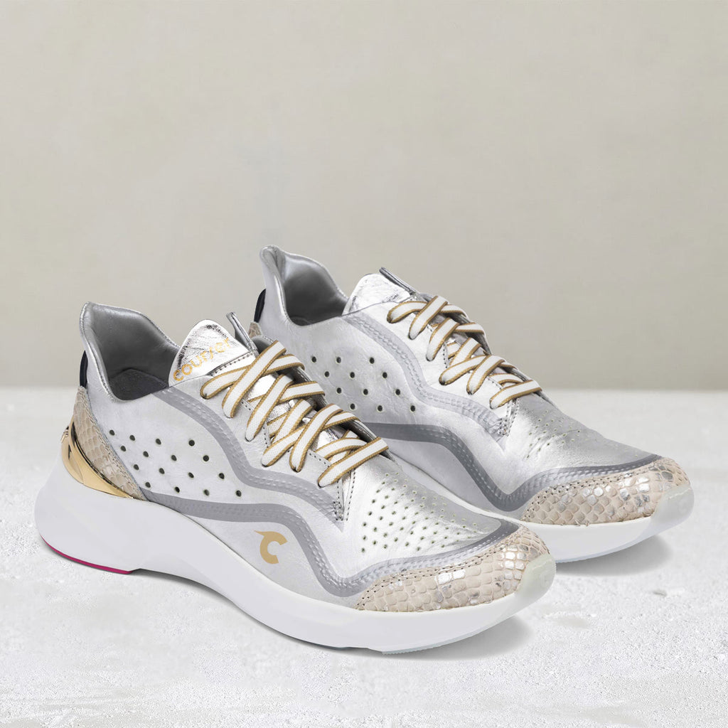 Three-quarter view of Courser Uno Women's Silver Luxe Italian-Made Luxury Sneakers