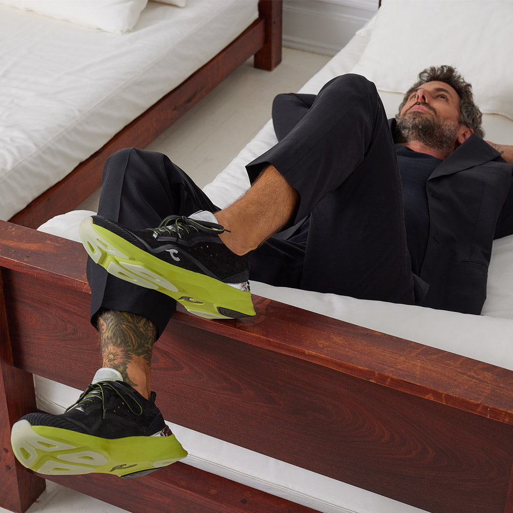 Man wearing Courser Uno Men's Acid Green Luxe Italian-Made Luxury Sneakers