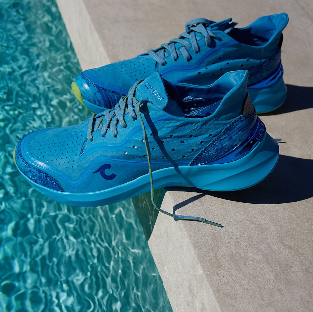 Courser Uno Men's Cyan Luxe Italian-Made Luxury Sneakers beside Pool