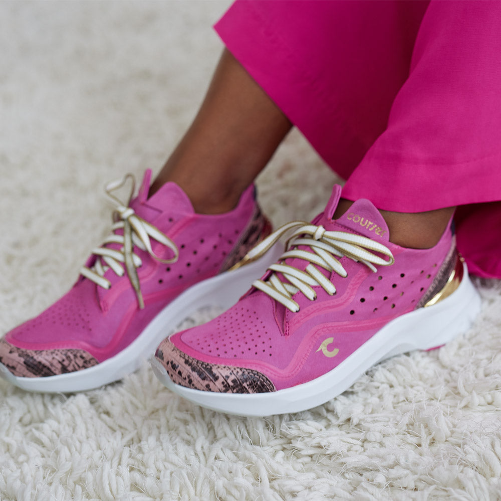 Woman wearing Courser Uno Women's Pink Luxe Italian-Made Luxury Sneakers