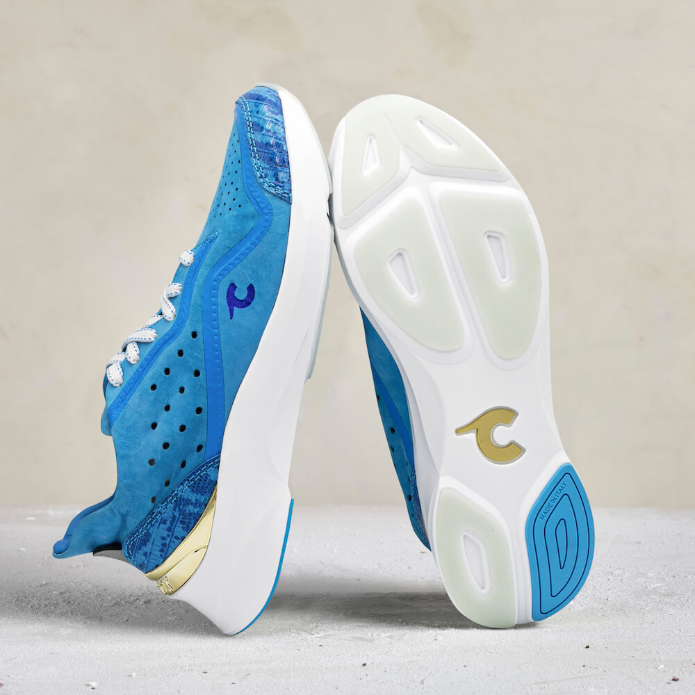 Bottom and side view of Courser Uno Women's Cyan Luxe Italian-Made Luxury Sneakers